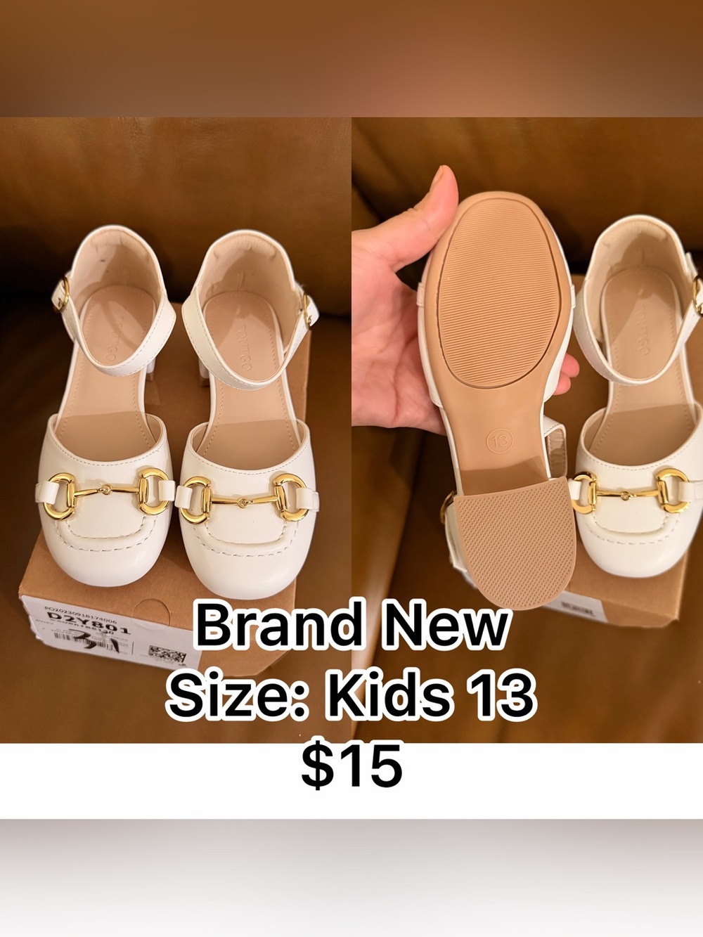 Girls Cream Dress Shoes with Gold Buckle Accent - Kids 13